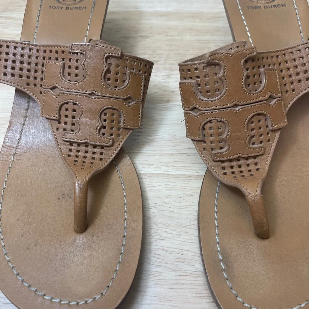 Tory Burch Tan Leather‎ Laser Cut Logo Thong Wedge Sandals Women's